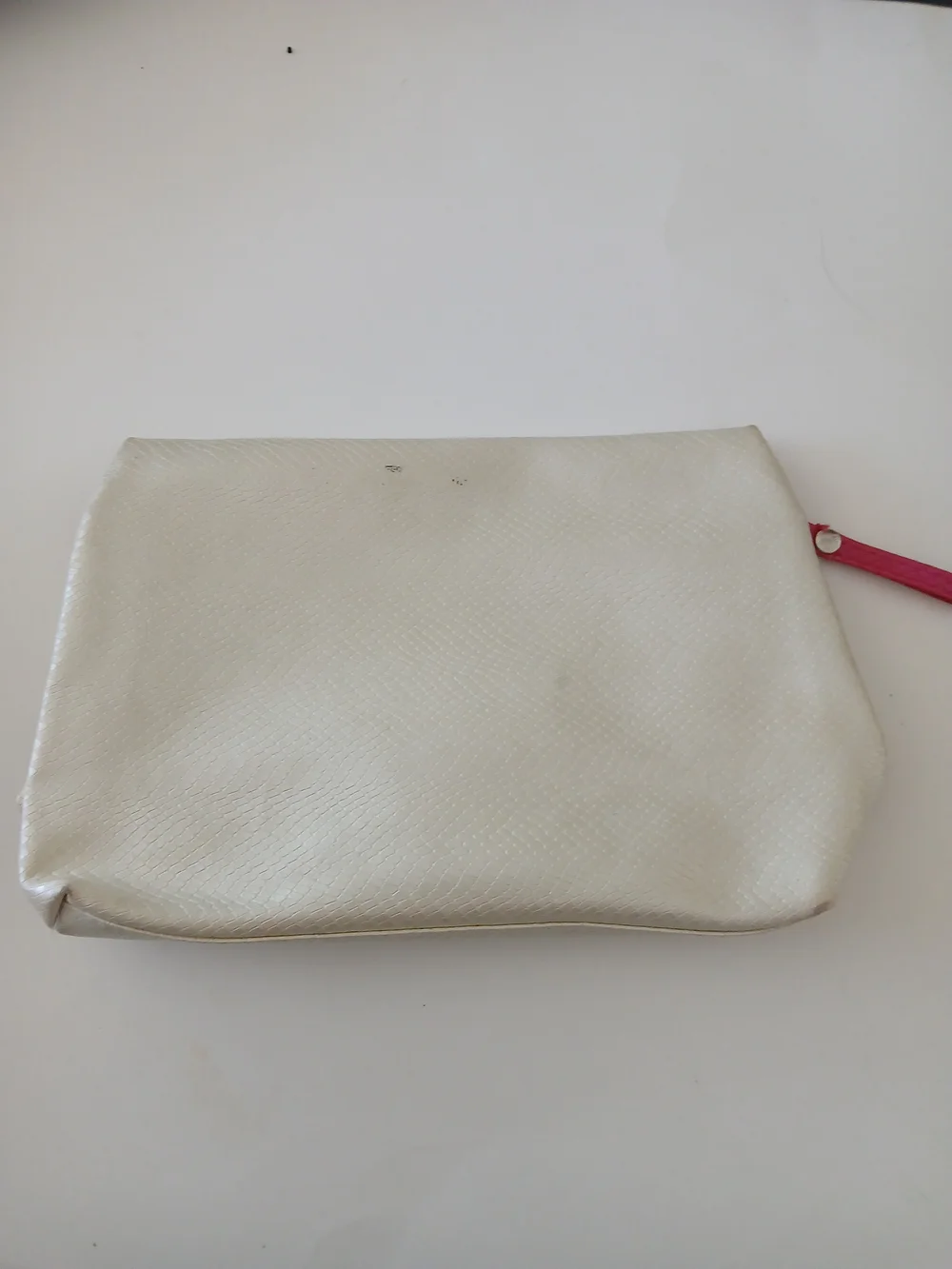 Lancome Cream Faux Snakeskin Cosmetic Pouch with Pink Zip